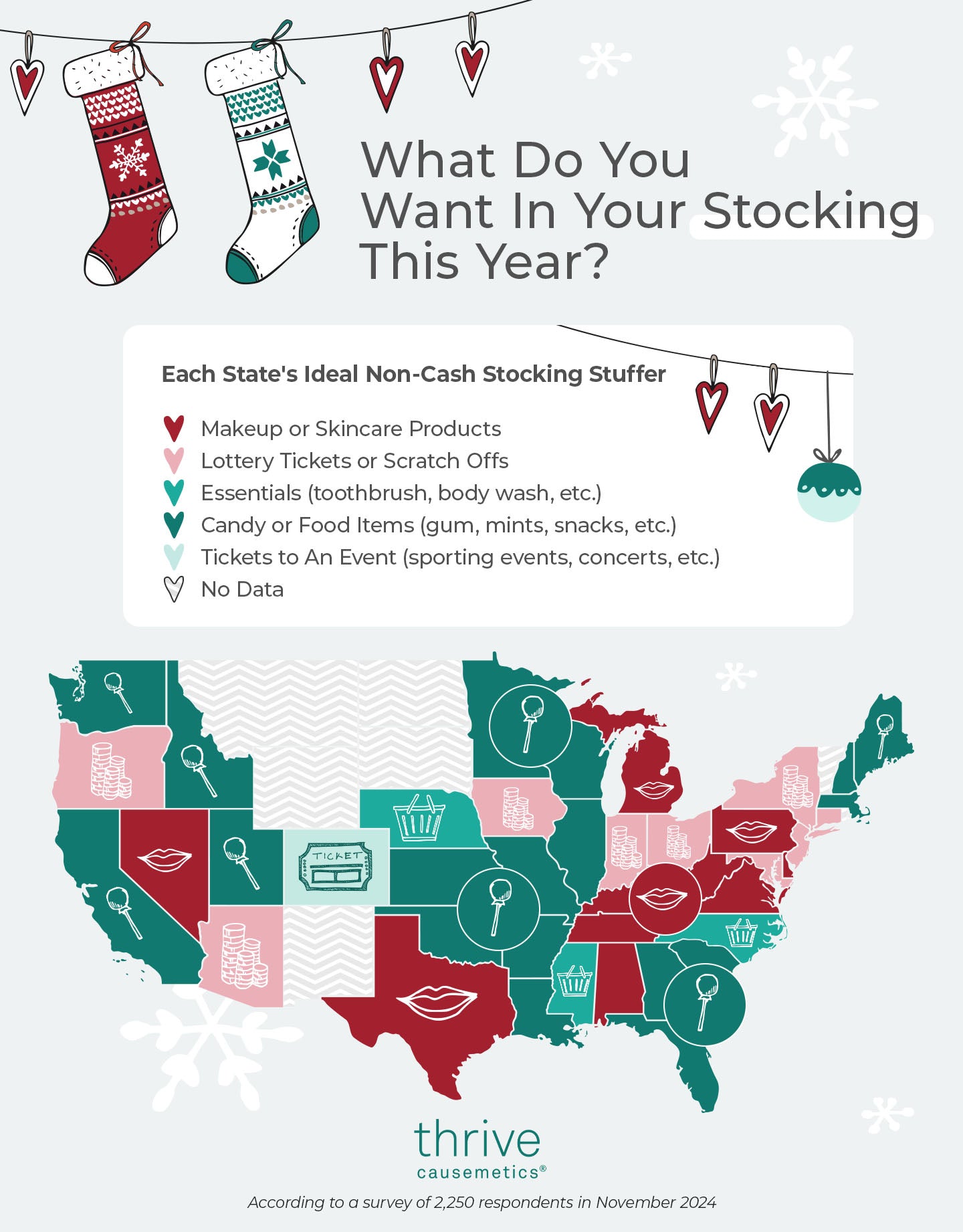 Map graphic of stocking stuffer survey results showcasing each state's non-cash stocking stuffer